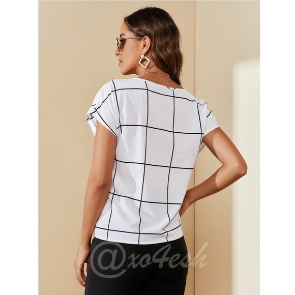 Grid Check White Blouse Tee Shirt Top - Picture 4 of 8